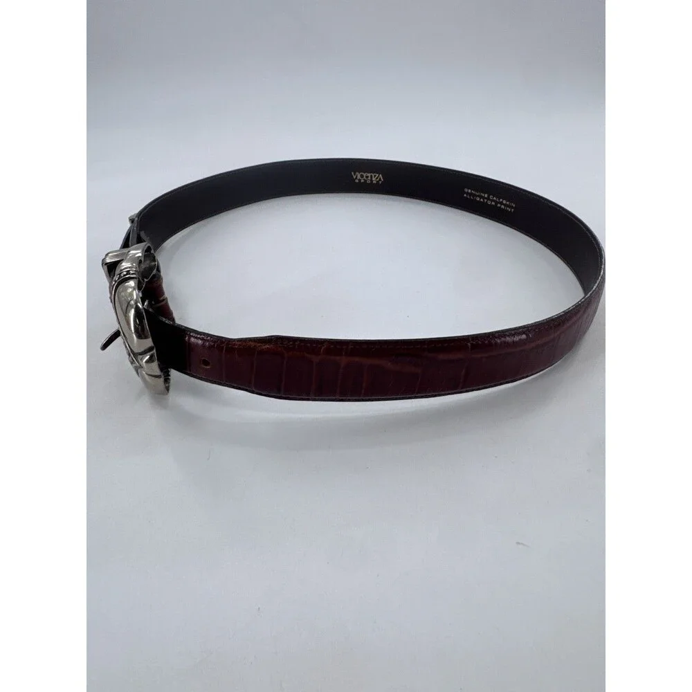 VICENZA Sport Sterling Silver Buckle On Brown Alligator Print Calfskin Belt 34